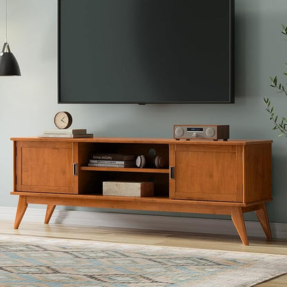 SIMPLIHOME Draper Solid Hardwood 72 inch Wide Mid Century Modern TV Media Stand in Teak Brown for TVs up to 80 inches for The Living Room and Entertainment Center