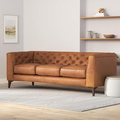 Poly & Bark Essex Leather Couch - 89-Inch Sofa with Tufted Back - Full-Grain Leather Sofa for Living Room with Feather-Down Topper - Living Room Couch - Vintage Italian Leather in Cognac Tan