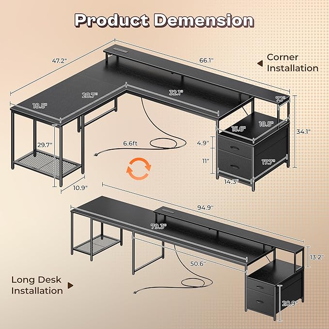 PRAISUN 66 Inch L Shaped Computer Desk with Power Outlets and LED Lights, Home Office Desk with Fabric Drawers and Print Stand, L Shape or Long Set up, Monitor Stand, Mesh CPU Stand, Black