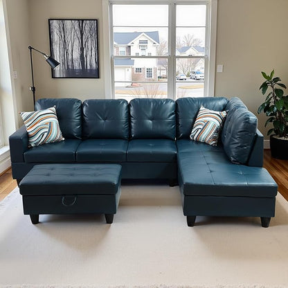 Osparple Sectional Couch PU Leather L Shaped Couch 3 Pieces Modular Sectional Sofa with Storage Ottoman for Living Room and Small Apartment, Peacock Blue
