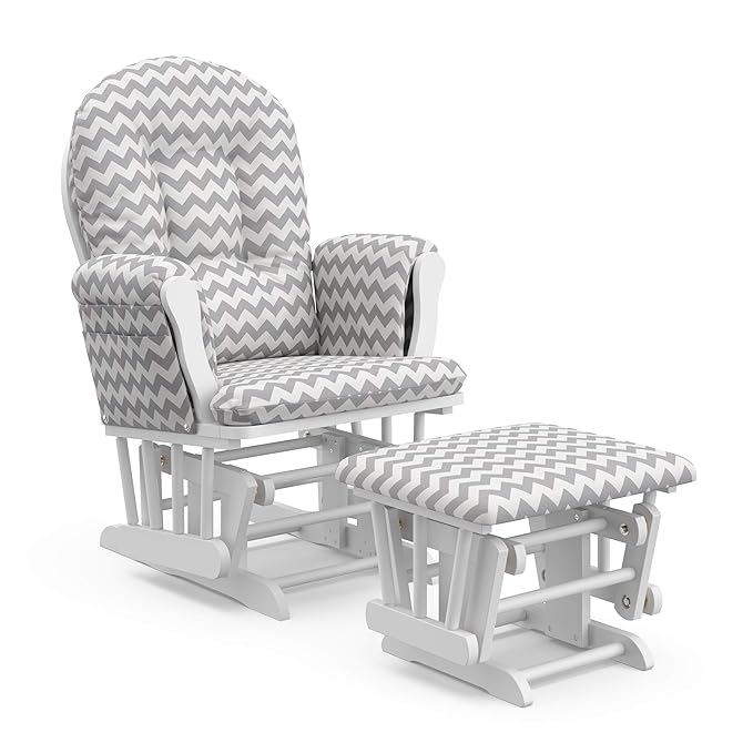 Storkcraft Premium Hoop Glider & Ottoman (White/Gray Chevron) — GREENGUARD Gold Certified Nursery Glider, Solid Wood Craftsmanship, Smooth-Gliding Nursery Chair and Ottoman, Award-Winning