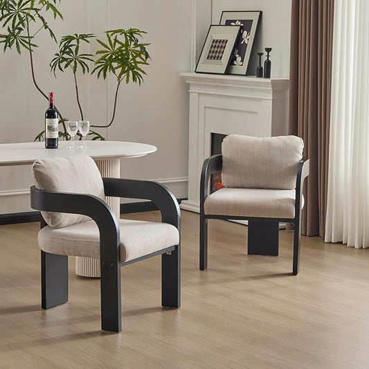 Christopher Knight Home Yorick Modern Dining Chair Set of 2 with Cushion, Solid Wood Dining Room Armchair Set, Curved Backrest Kitchen Side Chair, Living Room Comfy Extra Seat, Black+Beige
