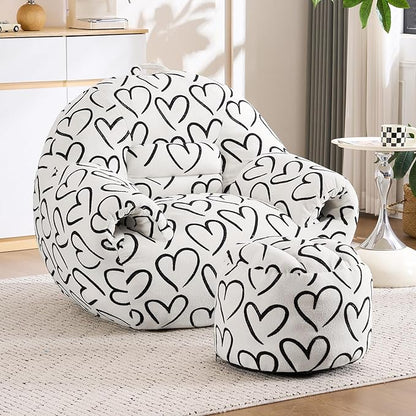DAICO Bean Bag Chairs for Adults Comfy Accent Chair with Ottoman Floor Sofa Beanbag Couchs with Armrests White Single Lazy Sofa with Foam for Living Room Reading Bedroom Gaming (Cordate Pattern)