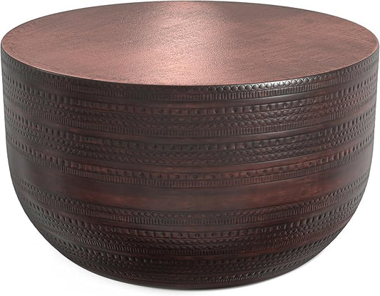 SIMPLIHOME Johnsen 30-inch Wide Metal Drum Coffee Table in Oil Rubbed Bronze, Boho-Style Cocktail Table for Living Room or Family Room, Assembled