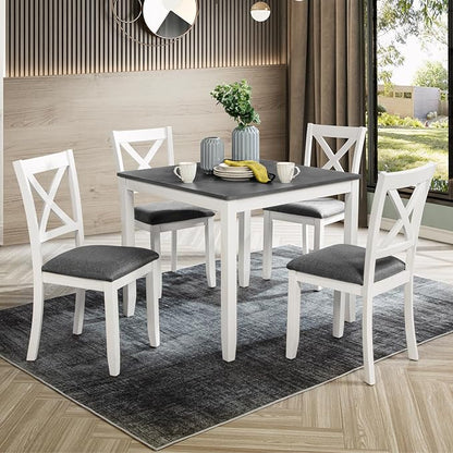 KEIKI 5-Piece Standard Height Dining Table Set with Square Table and 4 X-Shaped Backrest Upholstered Chair, for 4 Person, Modern Wooden Table Set, Easy Assembly, for Kitchen, Dining Room, White+Gray