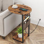 Vagusicc C Shaped End Table with Charging Station, Small Side Table for Couch, TV Tray Table Slide Under Sofa Table for Living Room Bedroom, Round Couch Side Table C Table for Sofa, Rustic Brown