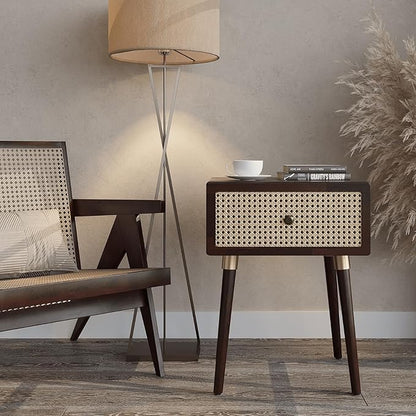 Bme Nipe Solid Wood and Rattan Nightstand, Fully Assembled, Woven Cane End Table, Bedside Table for Modern Bedroom, Boho Living Room with Tall Wood Legs Large Storage 1-Drawer, Walnut