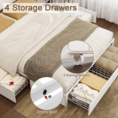 Full Bed Frame with 4 Storage Drawers Bed Frame Full Size with Headboard LED Lights Charging Station Metal Slats Platform Heavy-Duty Support No Box Spring Needed White