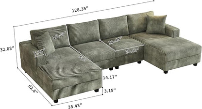 Oversized Symmetrical U Shaped Modular Sectional Sofa with Double Chaise Lounge , Reversible Corduroy Upholstered Sofa Extra Wide Deep Seat Sleeper Sofas Couches w/ 2 Pillows for Living Room Apartment