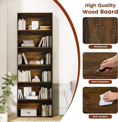 71" Tall Bookcase, 6-Tier Open Display Storage Shelves, Floor Standing Large Book Shelf for Living Room, Home Office, Bed Room, Brown