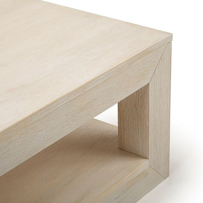 Plank+Beam 40" Modern Rectangular Coffee Table with Shelf, Solid Wood Center Table with Storage, 2 Tier Tea Table for Living Room, White Sand Wirebrush