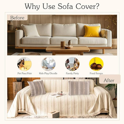Couch Cover for Dogs Washable Sofa Cover, Sectional Couch Covers, Sofa Covers for 2 Cushion Couch, Non Slip Stripe Sofa Slipcovers Furniture Protector, Couch Protector from Cat Claws, Beige,71''x150''