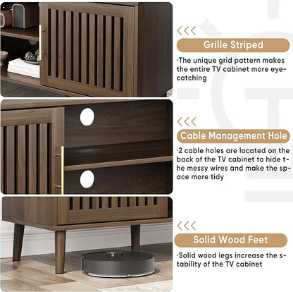 Smuxee Walnut TV Stand with Grille Striped Design, 62.99" Mid Century Modern TV Media Console for TVs up to 70", TV Cabinet with Adjustable Shelf & 2 Cabinets for Living Room