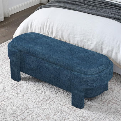 KEIKI 51" Linen Ottoman Bench with Large Storage Space, Upholstered Seating Foot Rest Stool Furniture for Bedroom, Living Room, Entryway, Dark Blue