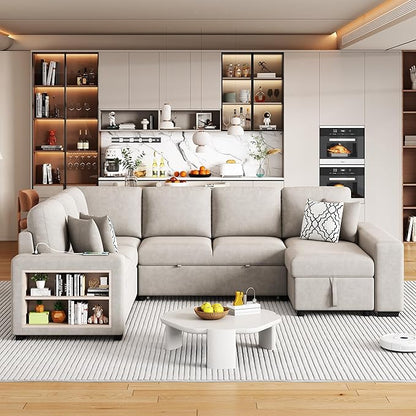 109" U-shaped Sectional Pull-out Sofa Bed with Storage Chaise,2-in-1 Convertible Couch W/ 4 Back Pillow & 2 USB Ports,Luxurious Sleeper Furniture Set for Living Room Large Space,Beige Chenille