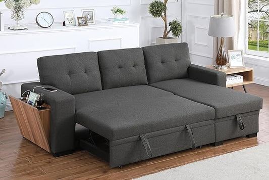 Ball & Cast L-Shape Reversible Sectional Sleeper Sofa Bed 4 in 1 Pull Out Couch with Storage Chaise USB Ports & Cup Holder Convertible Sleeper Corner Couch Pull-Out Sofa Bed for Living Room Office