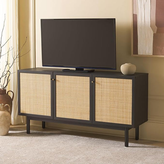SAFAVIEH Aino TV Stand for up to 60" Flatscreen – Black with Rattan Mesh, 3 Doors with Interior Storage, Sideboard Cabinet, Entertainment Media Console (MED9618B)