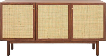 SAFAVIEH Aino TV Stand for up to 60" Flatscreen – Walnut Brown with Rattan Mesh, 3 Doors with Interior Storage, Sideboard Cabinet, Entertainment Media Console (MED9618A)