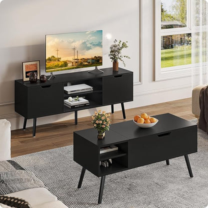 ALINE FURNITURE Black TV Stand for 50 55 60 inch TVs - Media Console with 2 Cabinets & Open Shelves, Solid Wood Legs - TV Consoles for Living Room - 22" H Entertainment Center for Bedroom
