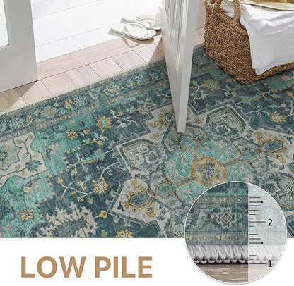 GENIMO 10x14 Area Rugs for Living Room, Machine Washable Non Slip Vintage Rugs, Low Pile Lightweight Chenille Print Rug for Bedroom, Dining Room, Home Office, Dark Green