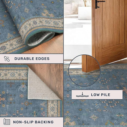 Boho 9x12 Soft Rugs for Living Room - Dark Blue Rugs for Bedroom Aesthetic, Dining Room Under Kitchen Table, Washable Soft Non Slip Large Area Eclectic Unique Décor