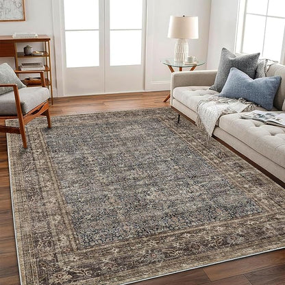 Washable Area Rug 4'x6' Traditional Floor Cover Foldable Thin Rugs Retro Kitchen Indoor Distressed Non Slip Carpet Floral Print Mat Bedroom Living Room