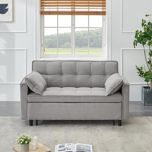 Ball & Cast Convertible Sofa Bed,Pull Out Loveseat Sleeper Sofa,Convertible Pull Out Couch W/2 Pillows,Adjustable Backrest & Side Pocket,Corduroy Futon Couches for Living Room,Apartment,Light Gray,54"