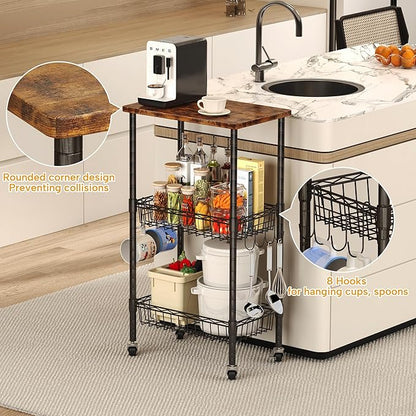 Rolling Kitchen Storage Cart, 3-Tier Storage Rack on Caster Wheels with Adjustable 2 Baskets, Coffee Station Cart Rack Shelf Organizer for Living Room Office, Balcony, Rustic Brown/Black