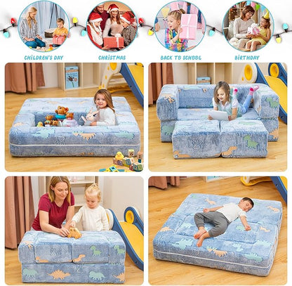 Lamerge Toddler Couch Glow in The Dark Toddler Fold Out Couch for playroom, Convertible Baby Fold Out Play Foam and Floor Cushion for Bedroom (Blue+Dinosaur)