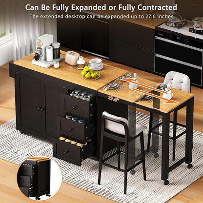 Ball & Cast 74.8" Kitchen Island with Extendable Dining Table,Kitchen Storage Cart W/Power Outlet and 3 Drawers,Rolling Kitchen Island on Wheels W/Spice Rack & 2 Door Cabinet,for Kitchen,Black
