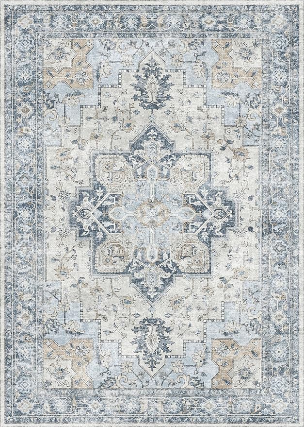 GENIMO 4x6 Area Rugs for Living Room, Machine Washable Rug, Non Slip Vintage Rugs, Low Pile Lightweight Chenille Print Rug for Bedroom, Dining Room, Home Office, Blue