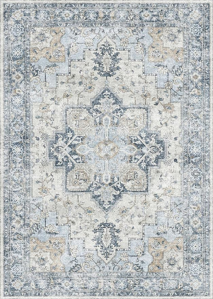 GENIMO 4x6 Area Rugs for Living Room, Machine Washable Rug, Non Slip Vintage Rugs, Low Pile Lightweight Chenille Print Rug for Bedroom, Dining Room, Home Office, Blue