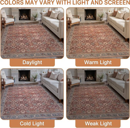10X12 Area Rugs Machine Washable Rugs for Living Room, Vintage Boho Large Rugs for Bedroom Dining Room, Non Slip Indoor Soft Distressed Lightweight Thin Low Pile Carpet, Red Brown