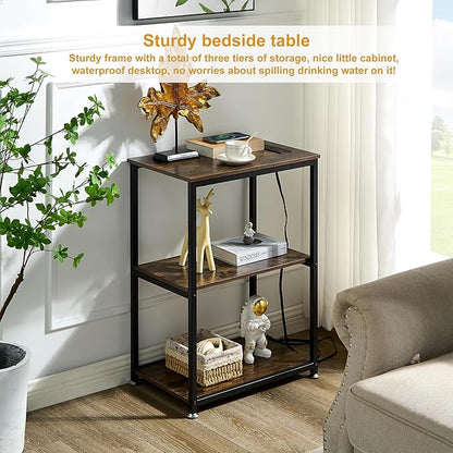 VECELO Tall End Table with Charging Station, Side Table with USB Ports and Outlets, 30" Height Nightstand with 3-Tier Storage Shelf for Living Room Bedroom Office Hallway Study