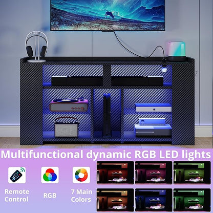 IRONCK Entertainment Center with Storage, 47 Inch Tall TV Stand W/Power Outlet, LED Gaming TV Cabinet for PS4, Black TV Stand with Carbon Fiber