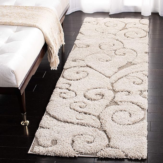 SAFAVIEH Florida Shag Collection Runner Rug - 2'3" x 11', Cream & Beige, Scroll Design, Non-Shedding & Easy Care, 1.2-inch Thick Ideal for High Traffic Areas in Living Room, Bedroom (SG455-1113)