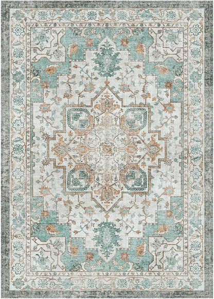 GENIMO 7'6''x9'6'' Area Rugs for Living Room, Machine Washable Non Slip Vintage Rugs, Low Pile Lightweight Chenille Print Rug for Bedroom, Dining Room, Home Office, Cyan
