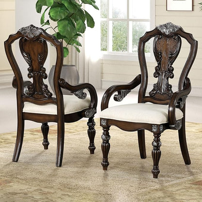 Furniture of America Byrne Traditional Arm Chairs Set of 2, Comfortable Upholstered Seating with Ornate Corbels and Decoractive Backrest for Dining Room, Kitchen, and Living Room, Dark Brown