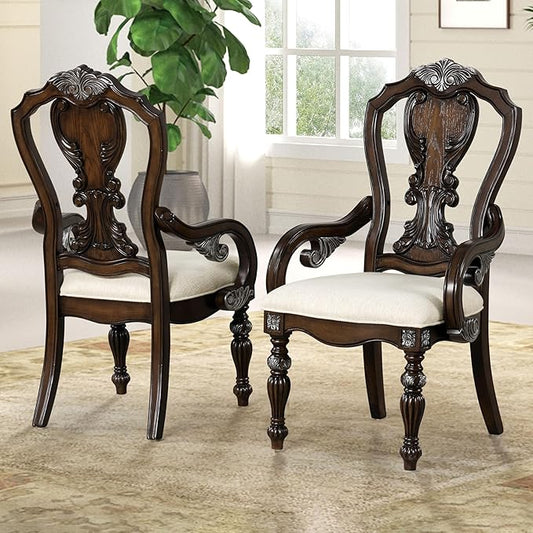 Furniture of America Byrne Traditional Arm Chairs Set of 2, Comfortable Upholstered Seating with Ornate Corbels and Decoractive Backrest for Dining Room, Kitchen, and Living Room, Dark Brown