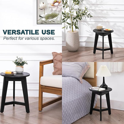 Round Side Table – Solid Acacia Wood End Table for Living Room or Bedroom – Black Wood Finish, Compact Nightstand or Accent Table for Sofas & Beds (13 x 16 x 13 Inches)