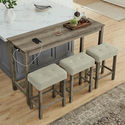 KEIKI 4-Piece Bar Table Set with Charging Station - 59" Industrial Kitchen Table & 3 Upholstered Stools, USB/Type-C/AC Outlets, Solid Wood Frame - for Dining Room, Apartment, Living Room (Brown)