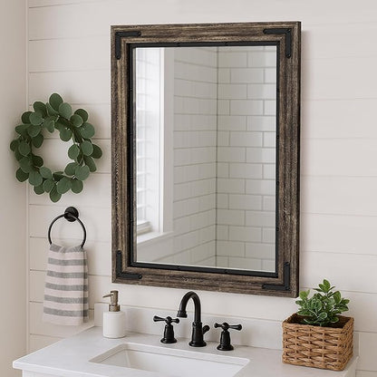 YOSHOOT Farmhouse Bathroom Mirror, Rustic Wood Mirror, Wooden Framed Vanity Mirror, Solid Wood & Handmade, Vertical or Horizontal Hanging for Bathroom Entryway Living Room Bedroom, 40" x 26", Brown
