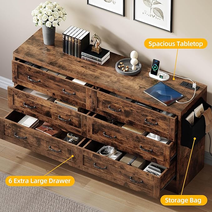 YITAHOME Rustic Brown Drawers TV Stand for 65 inches with Power Outlets -Chest of Drawers Dresser with Side Organizer Bag Entertainment Center TV Console