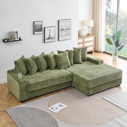 KEIKI 114" Corduroy Sofa with Cup Holders & Storage, L Shaped Sleeper Cloud Couch Set w/Reversible Chaise Lounge, Living Room Oversized Upholstered SofaBed for Apartment, Easy Assembly, Green