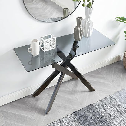 Modern Style Console Table Narrow Sofa Table with Grey Tempered Glass Top and Black Metal Tubular Legs with Gold Rim, 45”Lx18”Wx30”H
