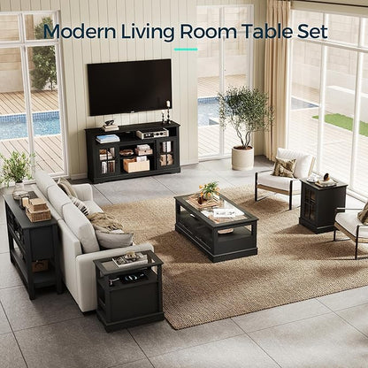 LINSY HOME End Table with Charging Station, Modern Side Table with Storage Cabinet and Adjustable Shelf, Small Sofa Table for Living Room, Home Office, Black