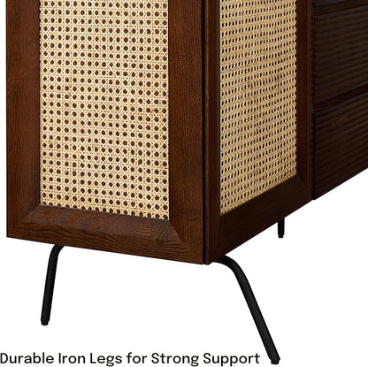 NTC MOSSIC Modern Sideboard with 4 Doors, Natural Rattan Storage Cabinet, Buffet with Metal Legs, Boho Accent Cabinet for Living Room, and Entryway, Effortless Assembly - Dark Walnut