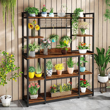 Tribesigns Large Bakers Rack, 55" Wide Kitchen Hutch Cabinet Microwave Stand with 11 Hooks, 5-Tier Baker’s Rack Kitchen Storage Shelf with Hutch, Rustic Brown