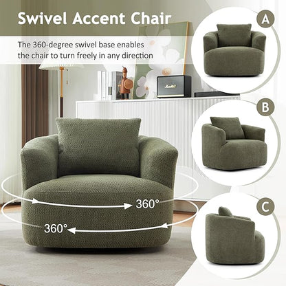 Merax Modern Cozy Chenille 360° Swivel Sofa Chair w/a Throw Pillow, 38.2" Upholstered Leisure Barrel Accent Armchair with Deep Seating for Living Room Bedroom,Office, Hotel, Easy Assemble, Green