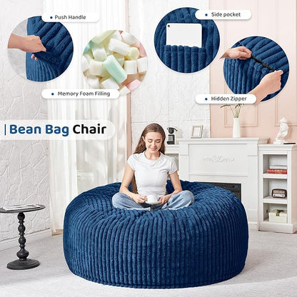 HABUTWAY 3FT Bean Bag Chair, 3' Large Bean Bag Chairs for Adults with Removable Stripe Plush Cover, Memory Foam Beanbag Chair for Living Room Bedroom Dorm (Blue)